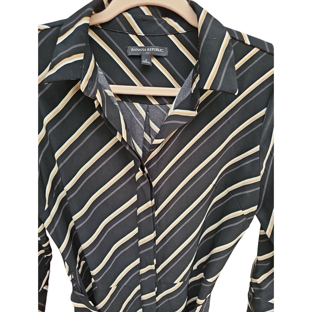 Banana Republic Striped Black with White Gold Stripes Belted Collar Dress Size 6 - Picture 3 of 12